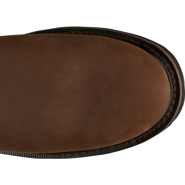 The toe shape of a Justin Drywall 10" Waterproof Men's Work Soft Toe Pull On Boot.
