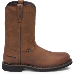 A right profile facing Justin Drywall 10" Waterproof Men's Work Steel Toe Pull On Boot.