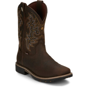 A 3/4 turned Justin Fireman Brown Waterproof Men's Western Boot.