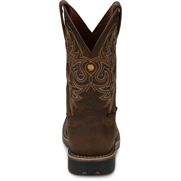 A look at the back and heel of a Justin Fireman Brown Waterproof Men's Western Boot.