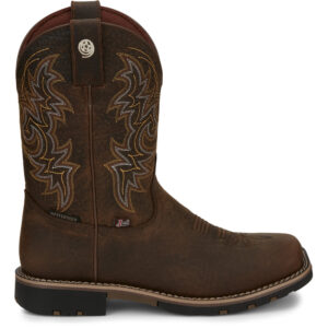 A right profile facing Justin Fireman Brown Waterproof Men's Western Boot.