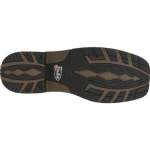 The sole of a Justin Fireman Brown Waterproof Men's Western Boot.