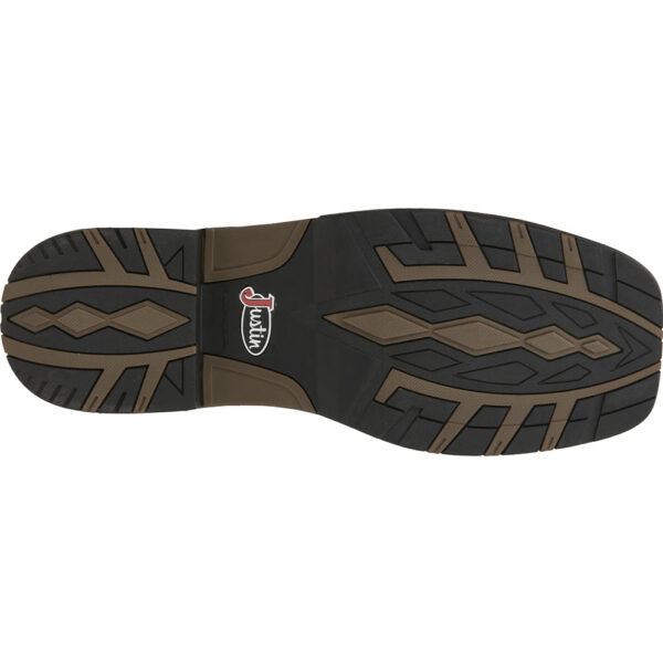 The sole of a Justin Fireman Brown Waterproof Men's Western Boot.