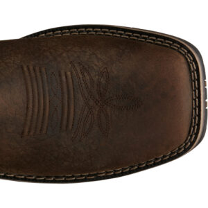 The toe shape of a Justin Fireman Brown Waterproof Men's Western Boot.