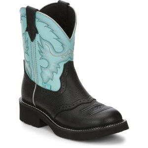 A 3/4 turned Justin Gemma 8" Black Women's Western Boot.