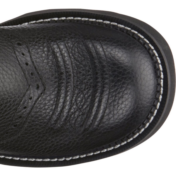 The toe shape of a Justin Gemma 8" Black Women's Western Boot.