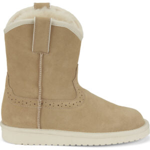 A right profile facing Justin Heidi Suede Shearling Bone Tan Women's Western Boot.