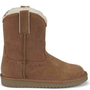 A right profile facing Justin Heidi Suede Shearling Chestnut Brown Women's Western Boot.
