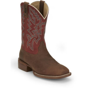 A 3/4 turned Justin Jackpot Pecan Brown Men's Western Boot.