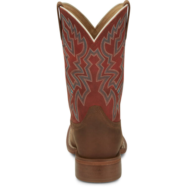 A look at the back and heel of a Justin Jackpot Pecan Brown Men's Western Boot.