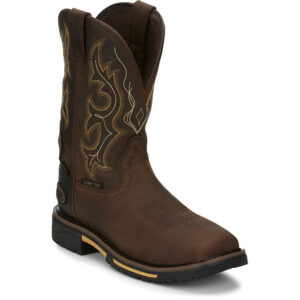 A 3/4 turned Justin Joist 11" Waterproof Men's Work Composite Toe Pull On Boot.
