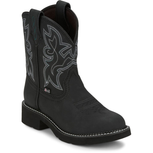 A 3/4 turned Justin Kay 8" Black Women's Western Boot.
