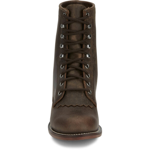 A forward-facing look at Justin McKean 7" Brown Women's Lace Up Roper Boot.