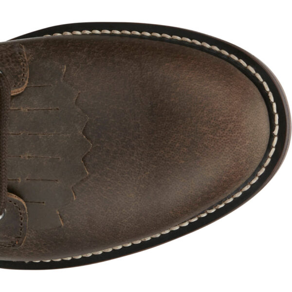 The toe shape of a Justin McKean 7" Brown Women's Lace Up Roper Boot.