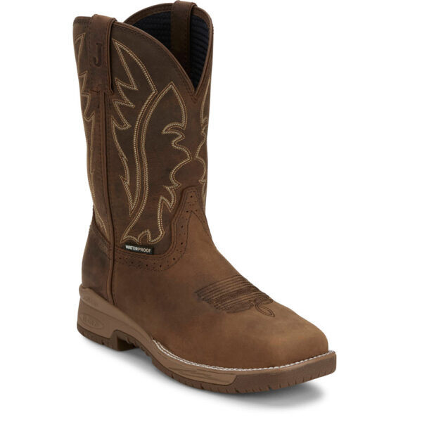 A 3/4 turned Justin Nitread Waterproof Men's Pull On Work Boot.