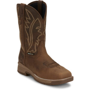 A 3/4 turned Justin Nitread Waterproof Nano Composite Toe Men's Pull On Work Boot.