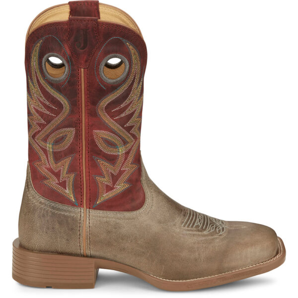 A right profile facing Justin Pickett 11" Griege Square Toe Men's Western Boot.
