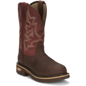 A 3/4 turned Justin Resistor Waterproof Nano Composite Toe Men's Pull On Work Boot.