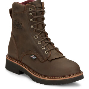 A 3/4 turned Justin Rivot Men's Work Soft Toe 8" Lace Up Boot.