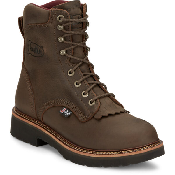 A 3/4 turned Justin Rivot Men's Work Soft Toe 8" Lace Up Boot.