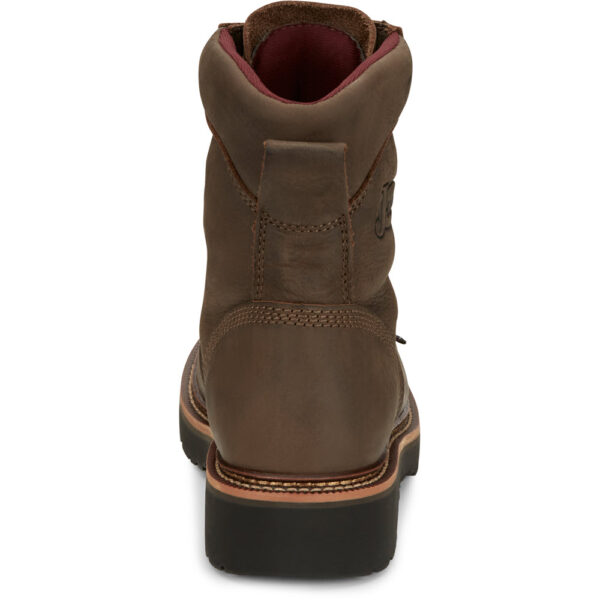 A look at the back and heel of a Justin Rivot Men's Work Soft Toe 8" Lace Up Boot.