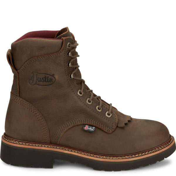 A right profile facing Justin Rivot Men's Work Soft Toe 8" Lace Up Boot.