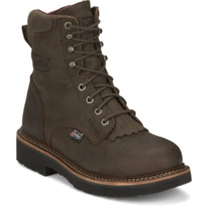 A 3/4 turned Justin Rivot Men's Work Steel Toe 8" Lace Up Boot.