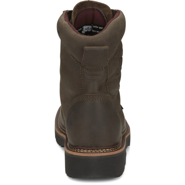 A look at the back and heel of a Justin Rivot Men's Work Steel Toe 8" Lace Up Boot.