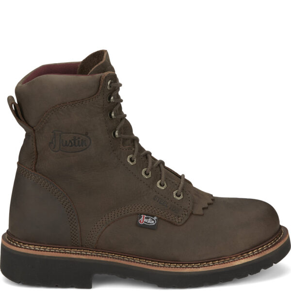 A right profile facing Justin Rivot Men's Work Steel Toe 8" Lace Up Boot.