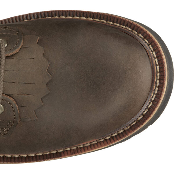 The toe shape of a Justin Rivot Men's Work Steel Toe 8" Lace Up Boot.