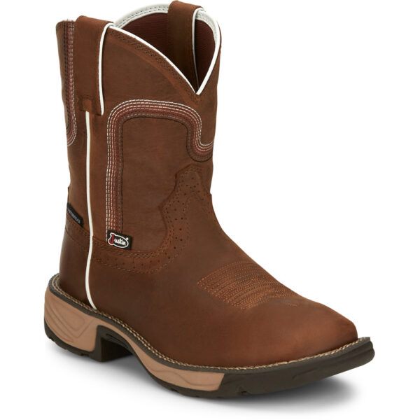 A 3/4 turned Justin Rush Cedar Brown Women's Work Soft Toe Pull On Boot.