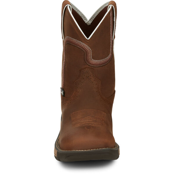 A forward-facing look at Justin Rush Cedar Brown Women's Work Soft Toe Pull On Boot.