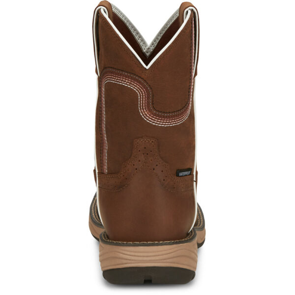 A look at the back and heel of a Justin Rush Cedar Brown Women's Work Soft Toe Pull On Boot.