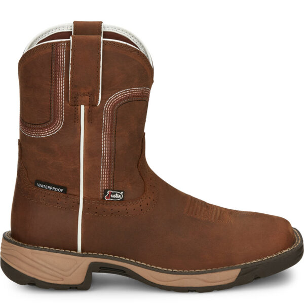 A right profile facing Justin Rush Cedar Brown Women's Work Soft Toe Pull On Boot.