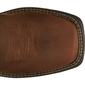 The toe shape of a Justin Rush Cedar Brown Women's Work Soft Toe Pull On Boot.