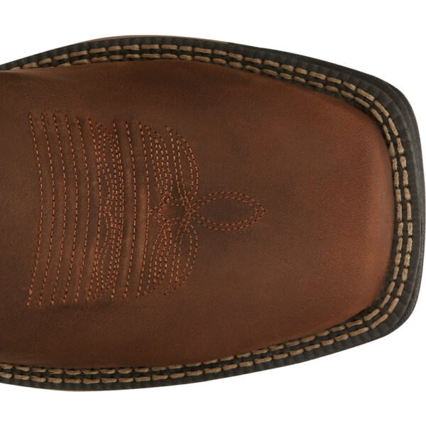The toe shape of a Justin Rush Cedar Brown Women's Work Soft Toe Pull On Boot.