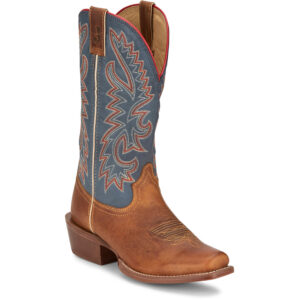A 3/4 turned Justin Show Off Oily Tan Square Toe Men's Western Boot.