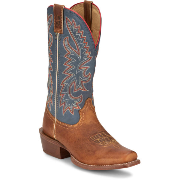 A 3/4 turned Justin Show Off Oily Tan Square Toe Men's Western Boot.