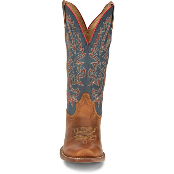 A forward-facing look at Justin Show Off Oily Tan Square Toe Men's Western Boot.