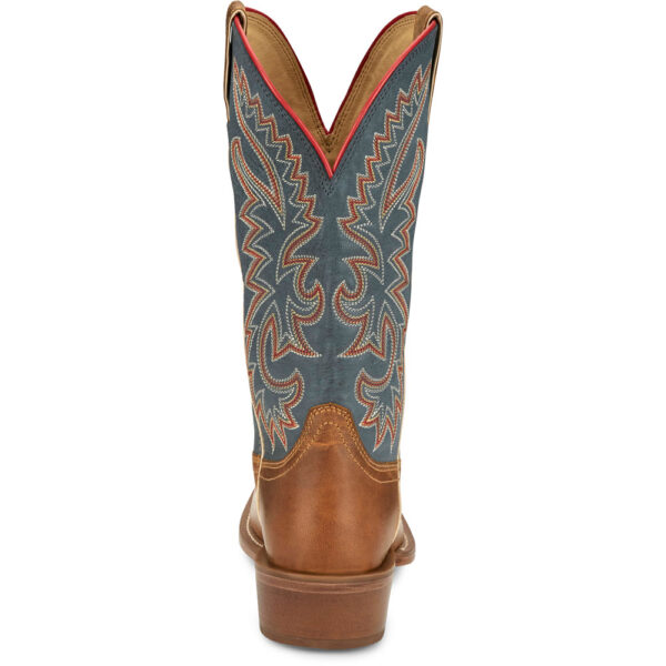 A look at the back and heel of a Justin Show Off Oily Tan Square Toe Men's Western Boot.