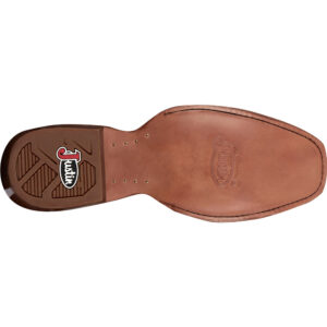 The sole of a Justin Show Off Oily Tan Square Toe Men's Western Boot.