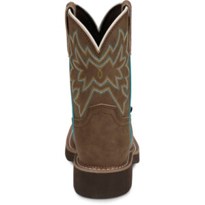A look at the back and heel of a Justin Sunny Cocoa Brown Women's Western Boot.