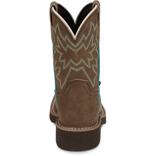 A look at the back and heel of a Justin Sunny Cocoa Brown Women's Western Boot.