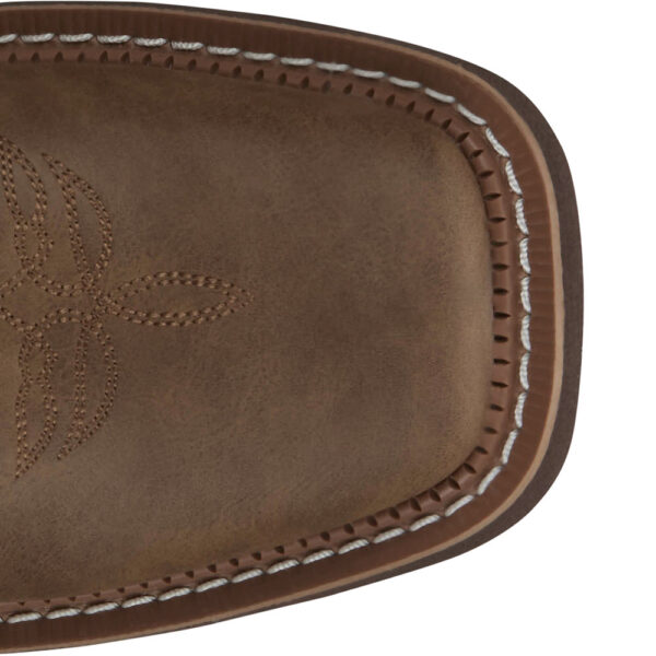 The toe shape of a Justin Sunny Cocoa Brown Women's Western Boot.