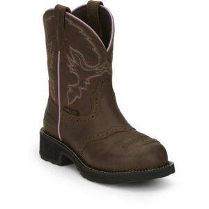 A 3/4 turned Justin Wanette Waterproof Women's Work Steel Toe Pull On Boot.