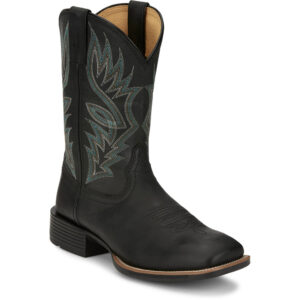 A 3/4 turned Justin Zeke 11" Black Men's Western Boot.