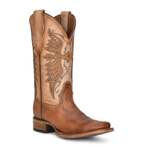 A 3/4 turned Corral Brown Overlay with Embroidery and Studs Square Toe Cowgirl Western Boot.