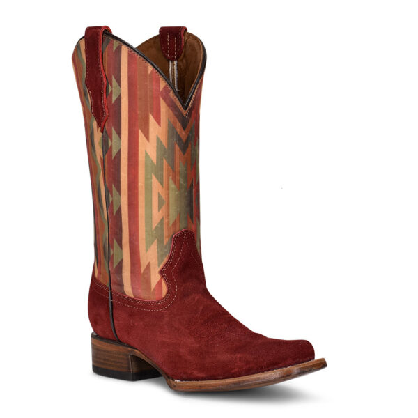 A 3/4 turned Corral Wine with Embroidered Design Square Toe Cowgirl Western Boot.