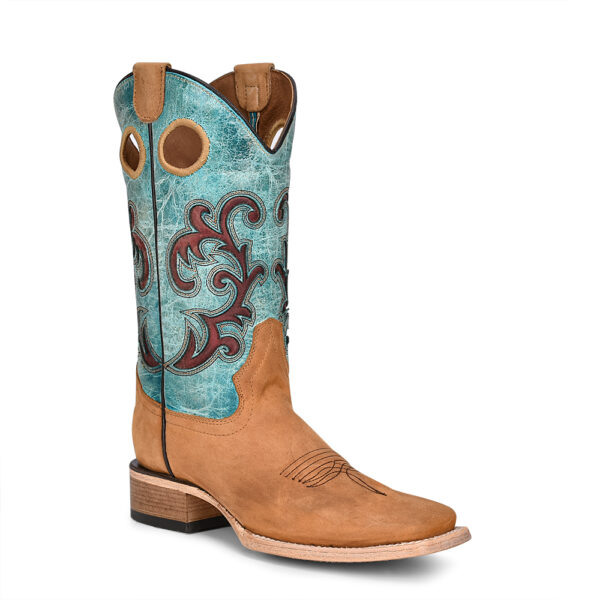 A 3/4 turned Corral Honey and Turquoise Inlay and Embroidery Wide Square Toe Cowgirl Western Boot.