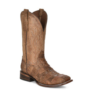 A 3/4 turned Corral Orix Caiman Patchwork and Embroidery Wide Square Toe Cowboy Western Boot.